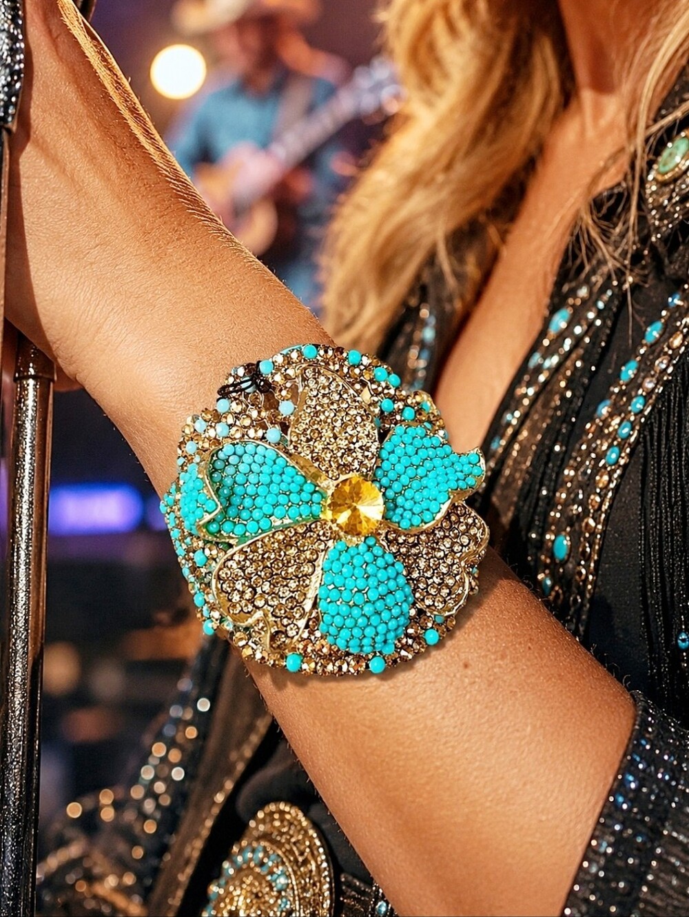 Cezanne Shiny Gold Tone Filigree Cuff Bracelet Faux Turquoise Topaz Rhinestones